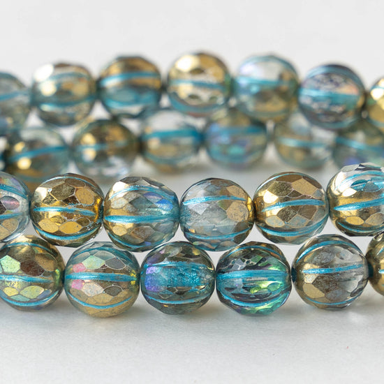 8mm Faceted Round Melon Beads - Transparent Glass with Gold Luster and Turquoise - 12 beads
