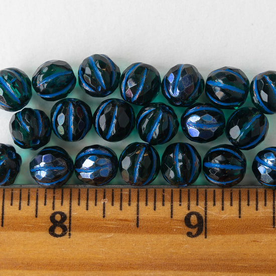 8mm Faceted Round Melon Beads - Emerald with Cobalt Finish and Blue Wash  - 20 beads