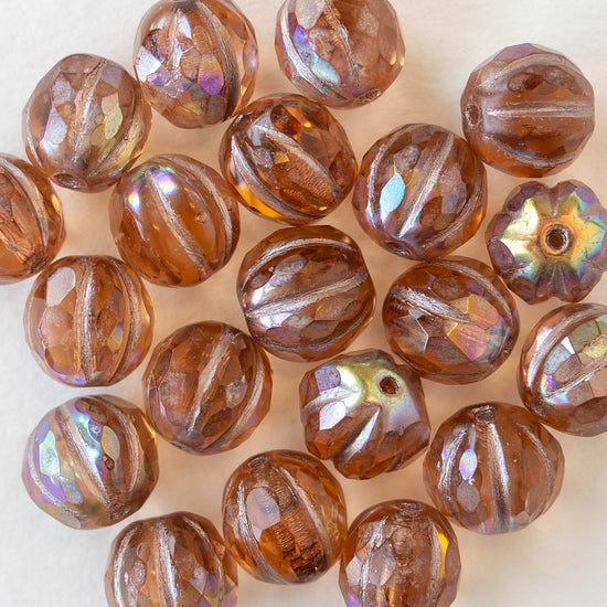 7mm Faceted Round Melon Beads -  Peach AB - 20 beads