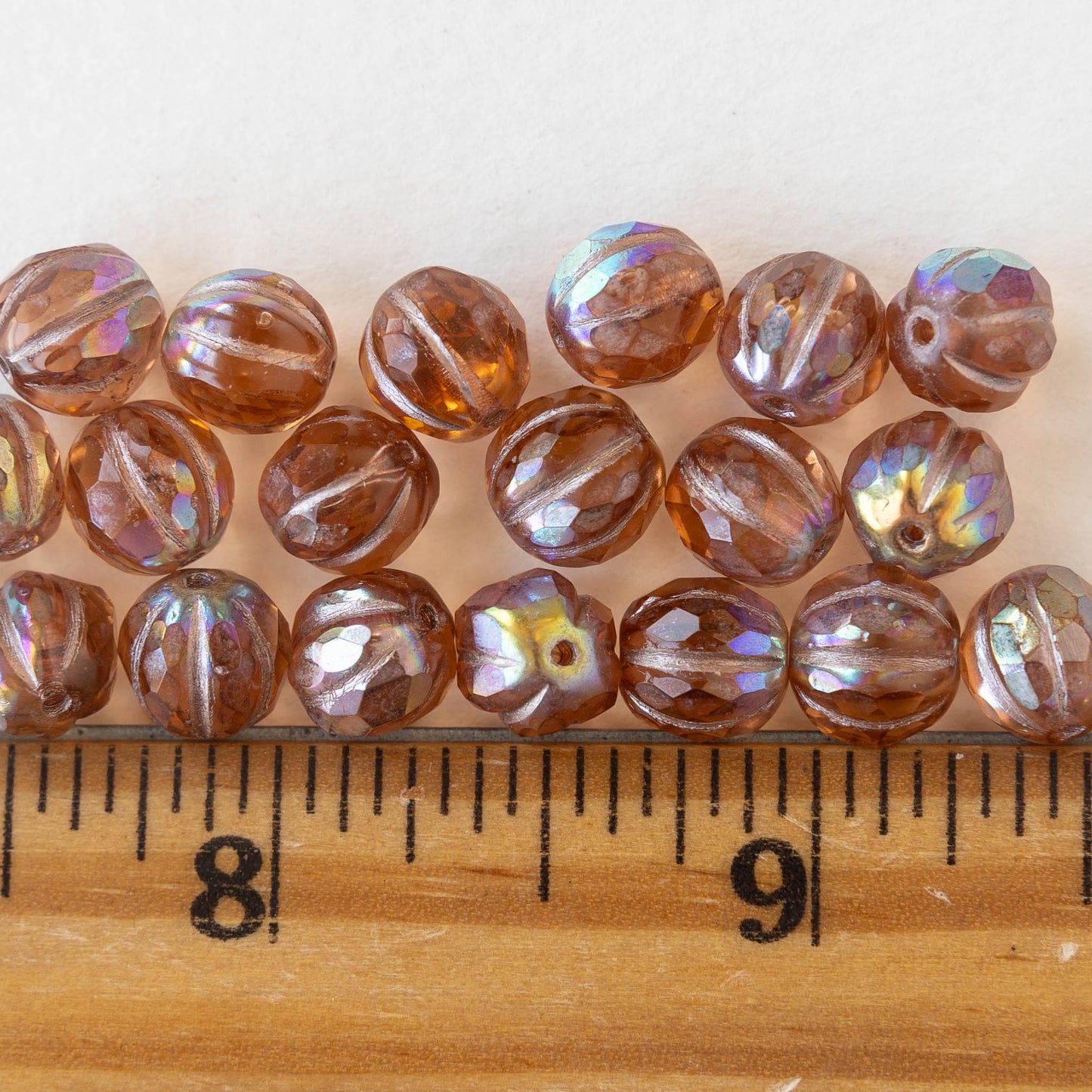 7mm Faceted Round Melon Beads -  Peach AB - 20 beads