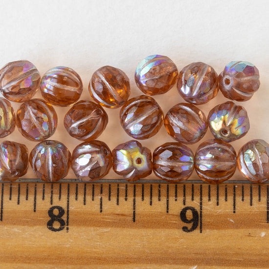 7mm Faceted Round Melon Beads -  Peach AB - 20 beads