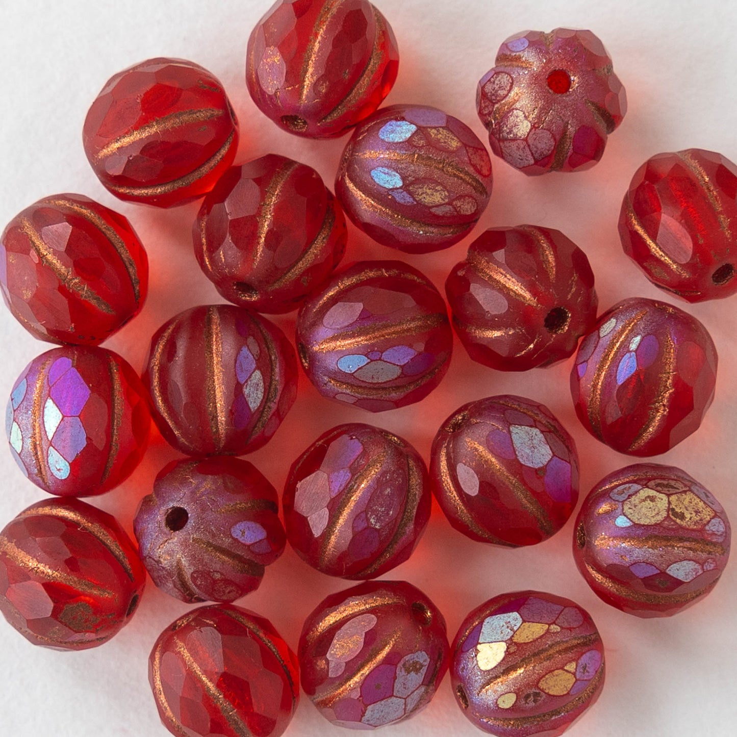 8mm Faceted Round Melon Beads - Red Semi Matte with AB Copper Wash - 20 beads
