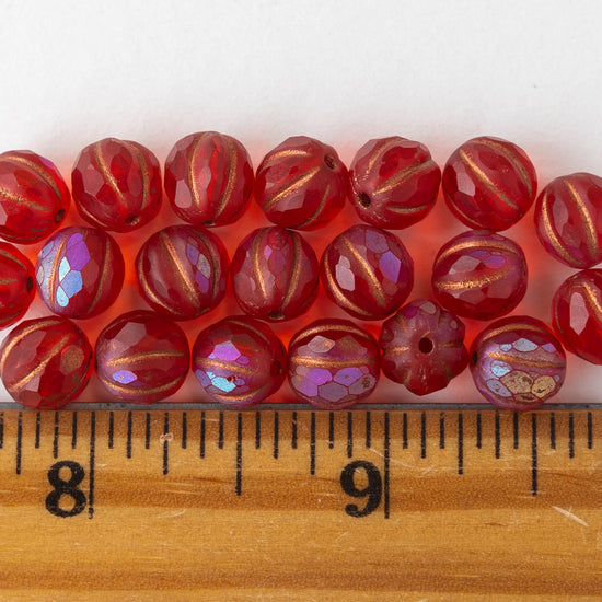 8mm Faceted Round Melon Beads - Red Semi Matte with AB Copper Wash - 20 beads