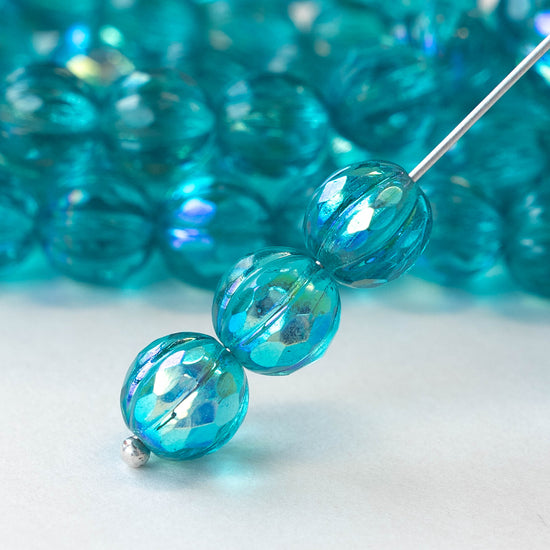 8mm Faceted Round Melon Beads - Teal with AB  - 20 beads