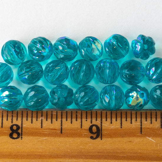 8mm Faceted Round Melon Beads - Teal with AB  - 20 beads