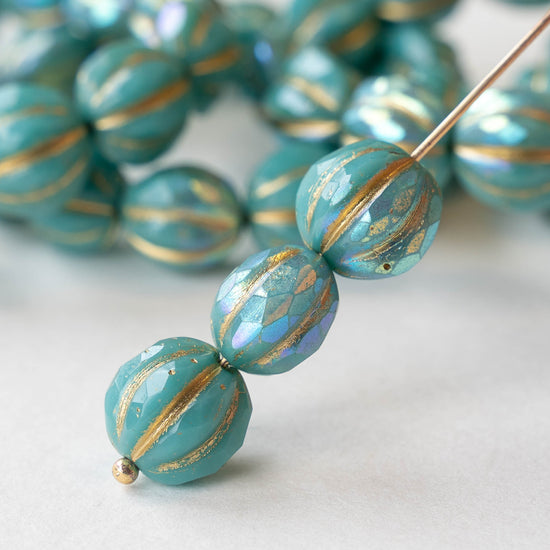 10mm Faceted Round Melon Beads - Opaque Turquoise Rainbow - 6 beads