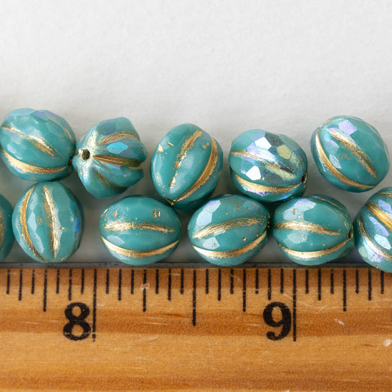 10mm Faceted Round Melon Beads - Opaque Turquoise Rainbow - 6 beads