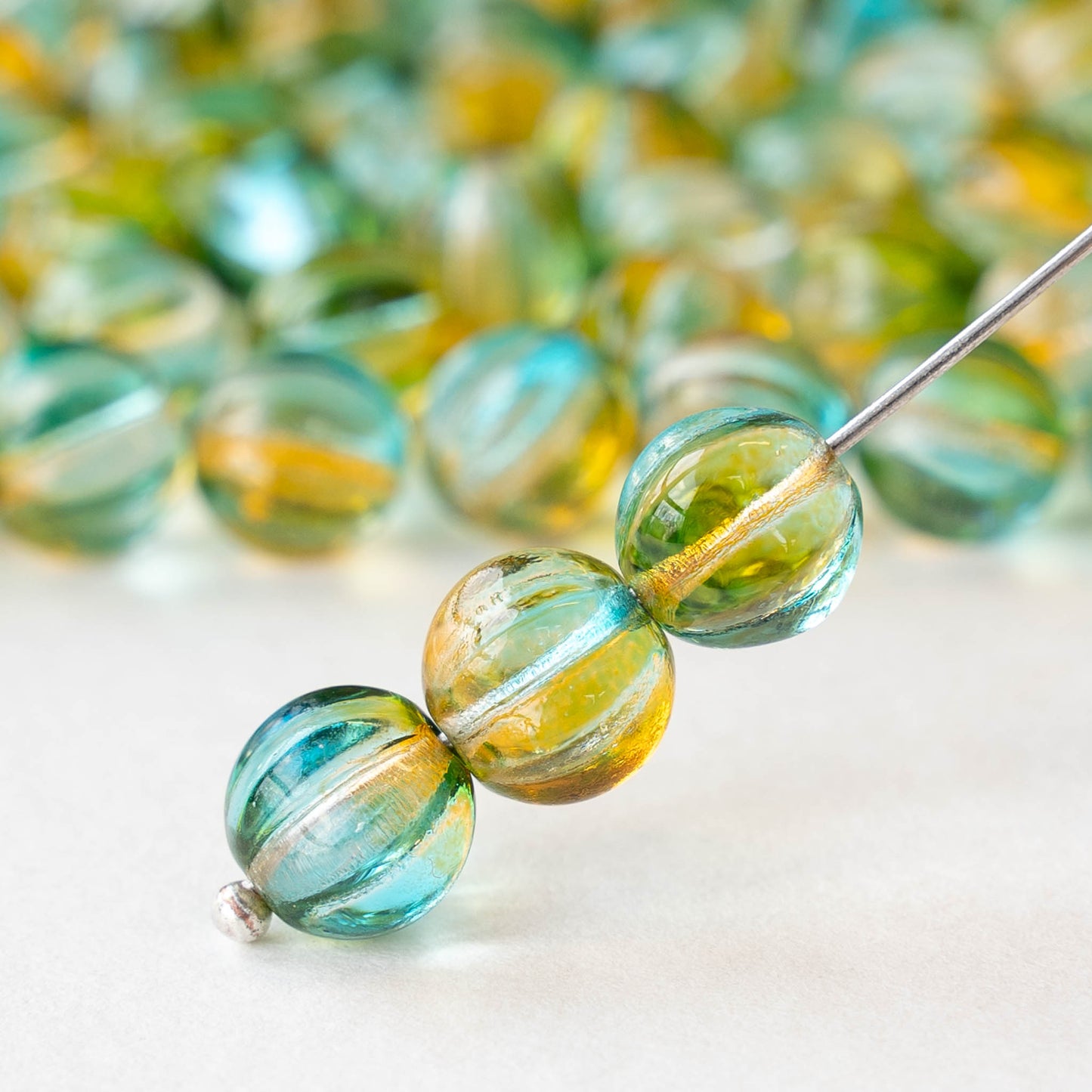 8mm Glass Melon Beads - Transparent Seafoam Amber Mix - 20 Beads