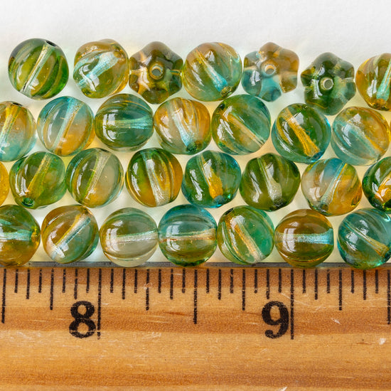 8mm Glass Melon Beads - Transparent Seafoam Amber Mix - 20 Beads