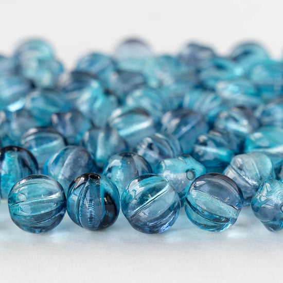 8mm Glass Melon Beads - Transparent Blue Crystal Mix - 20 Beads