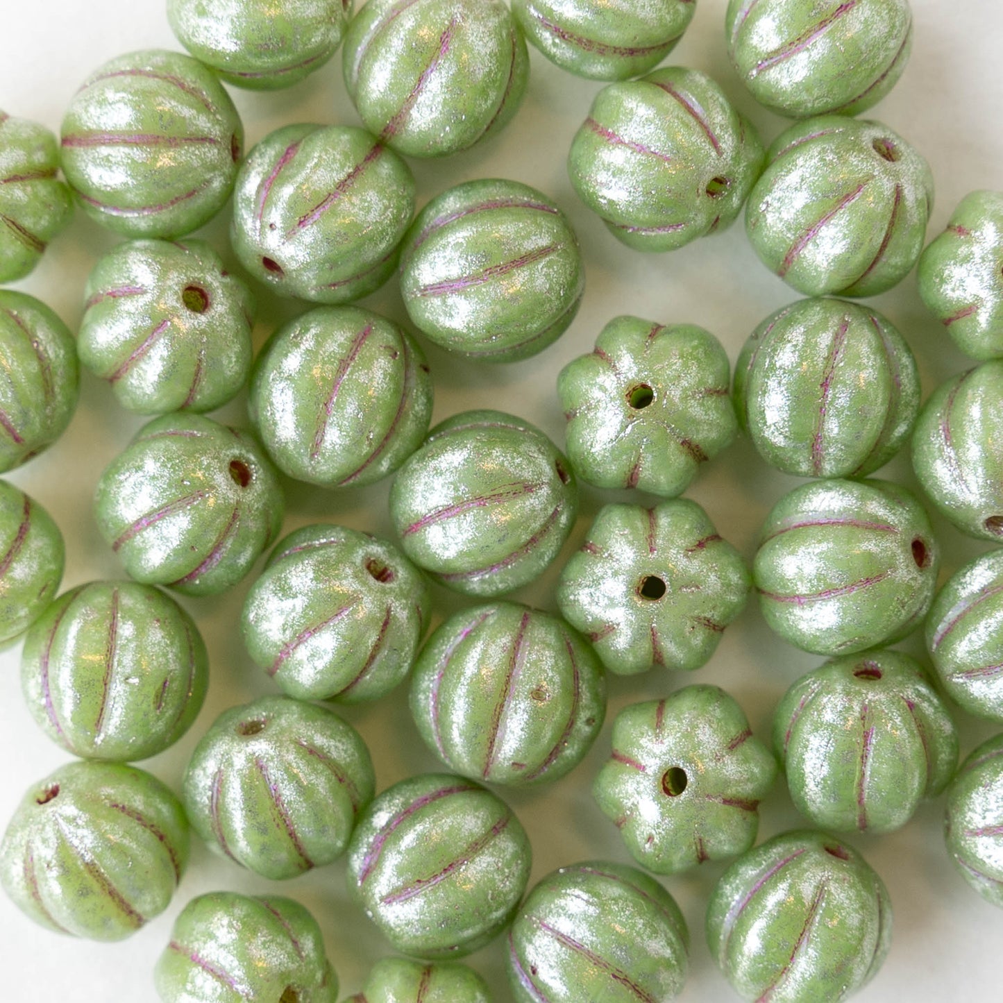 8mm Glass Melon Beads - Opaque Light Green Luster - 20 Beads