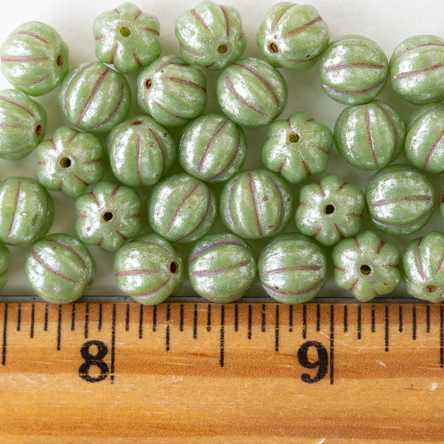 8mm Glass Melon Beads - Opaque Light Green Luster - 20 Beads