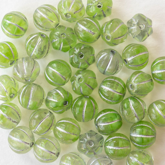 8mm Glass Melon Beads - Light Green with Silver Wash - 20 Beads