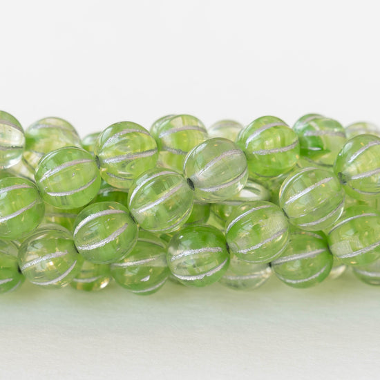 8mm Glass Melon Beads - Light Green with Silver Wash - 20 Beads