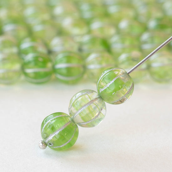 8mm Glass Melon Beads - Light Green with Silver Wash - 20 Beads