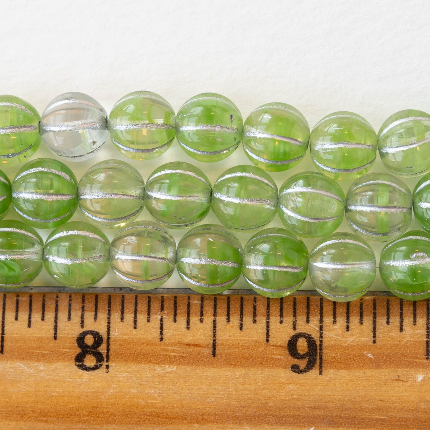 8mm Glass Melon Beads - Light Green with Silver Wash - 20 Beads