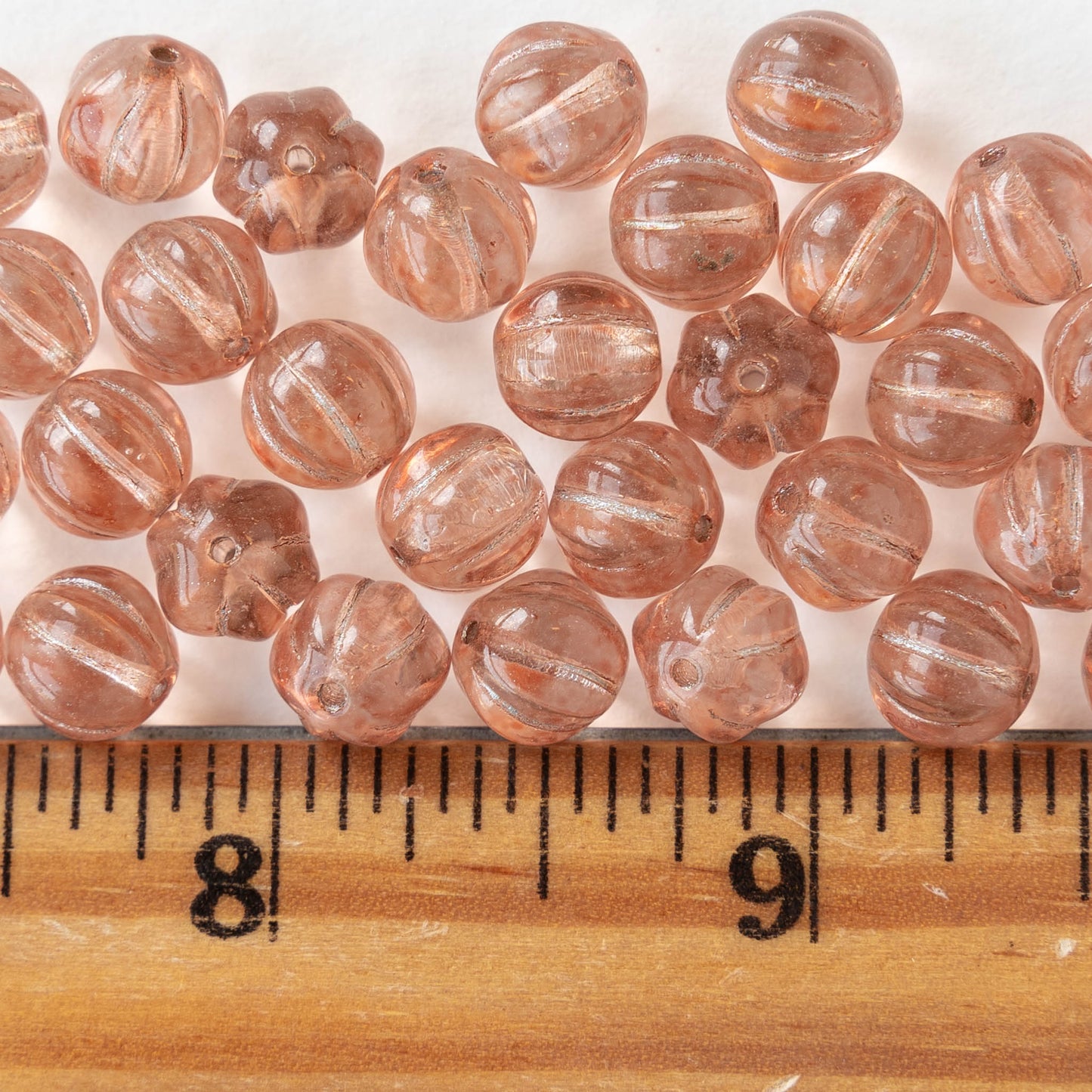 8mm Glass Melon Beads - Transparent Peach with Gold - 20 Beads