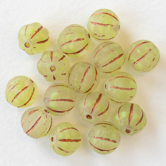 8mm Glass Melon Beads - Peridot Matte with Copper Wash - 15 Beads