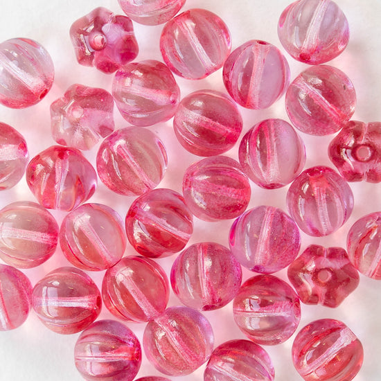 8mm Glass Melon Beads - Transparent Pink Crystal Mix - 20 Beads