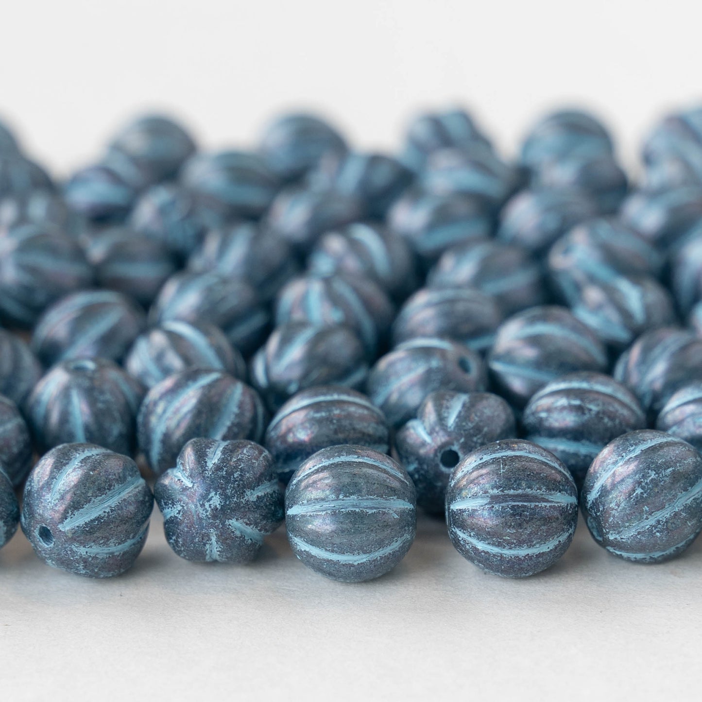 8mm Glass Melon Beads - Opaque Slate Blue with Light Blue Wash - 20 Beads