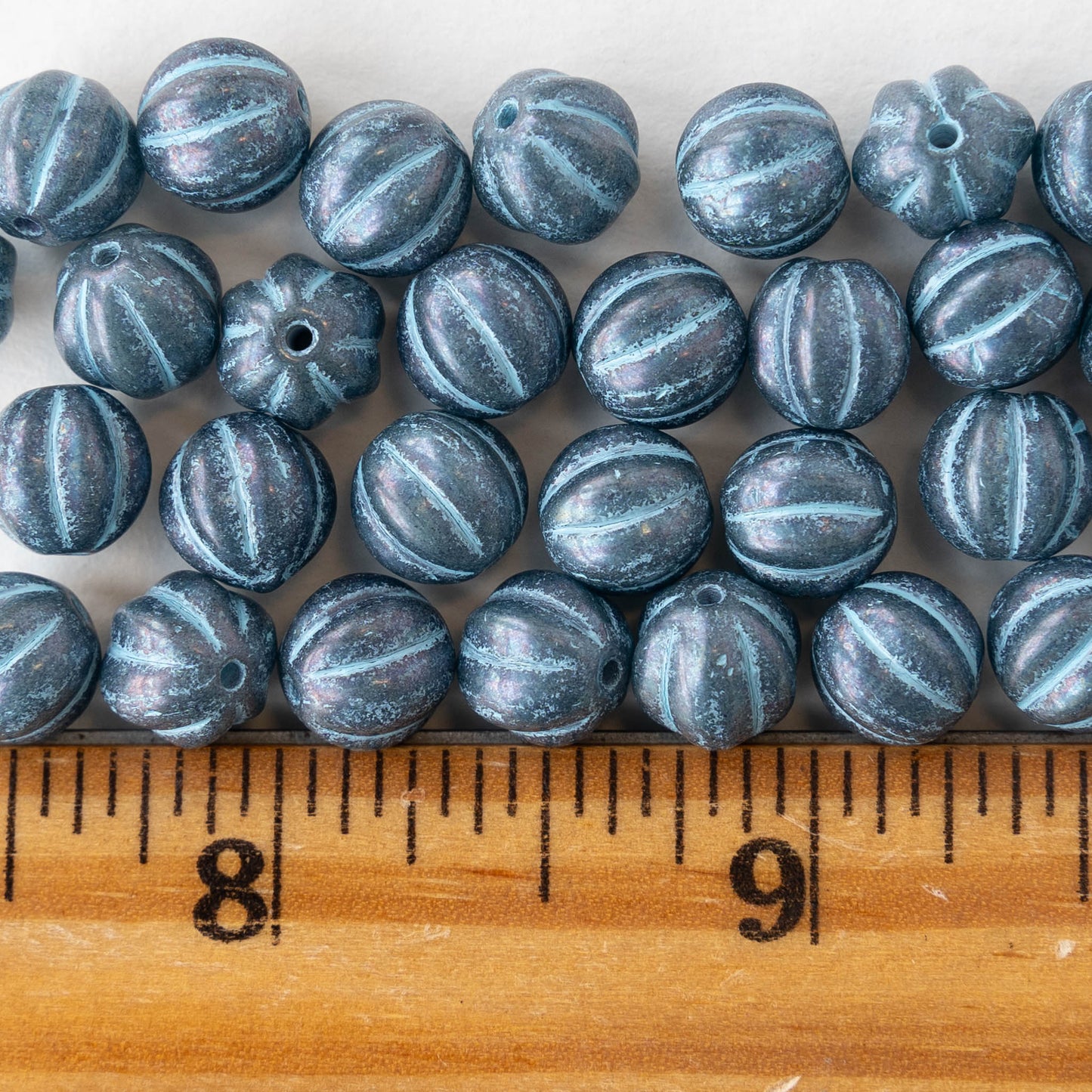 8mm Glass Melon Beads - Opaque Slate Blue with Light Blue Wash - 20 Beads