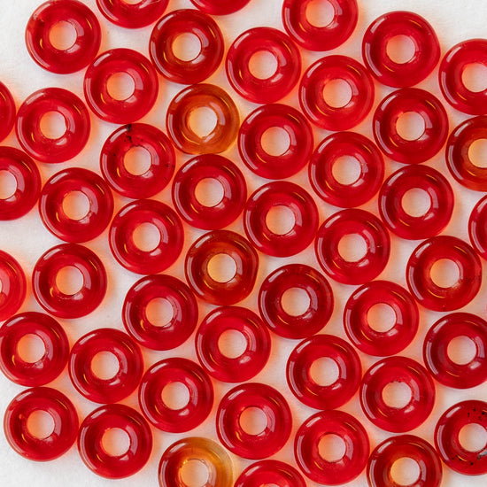 8mm Glass Ring Beads - Transparent Red - 50 or 100 Beads