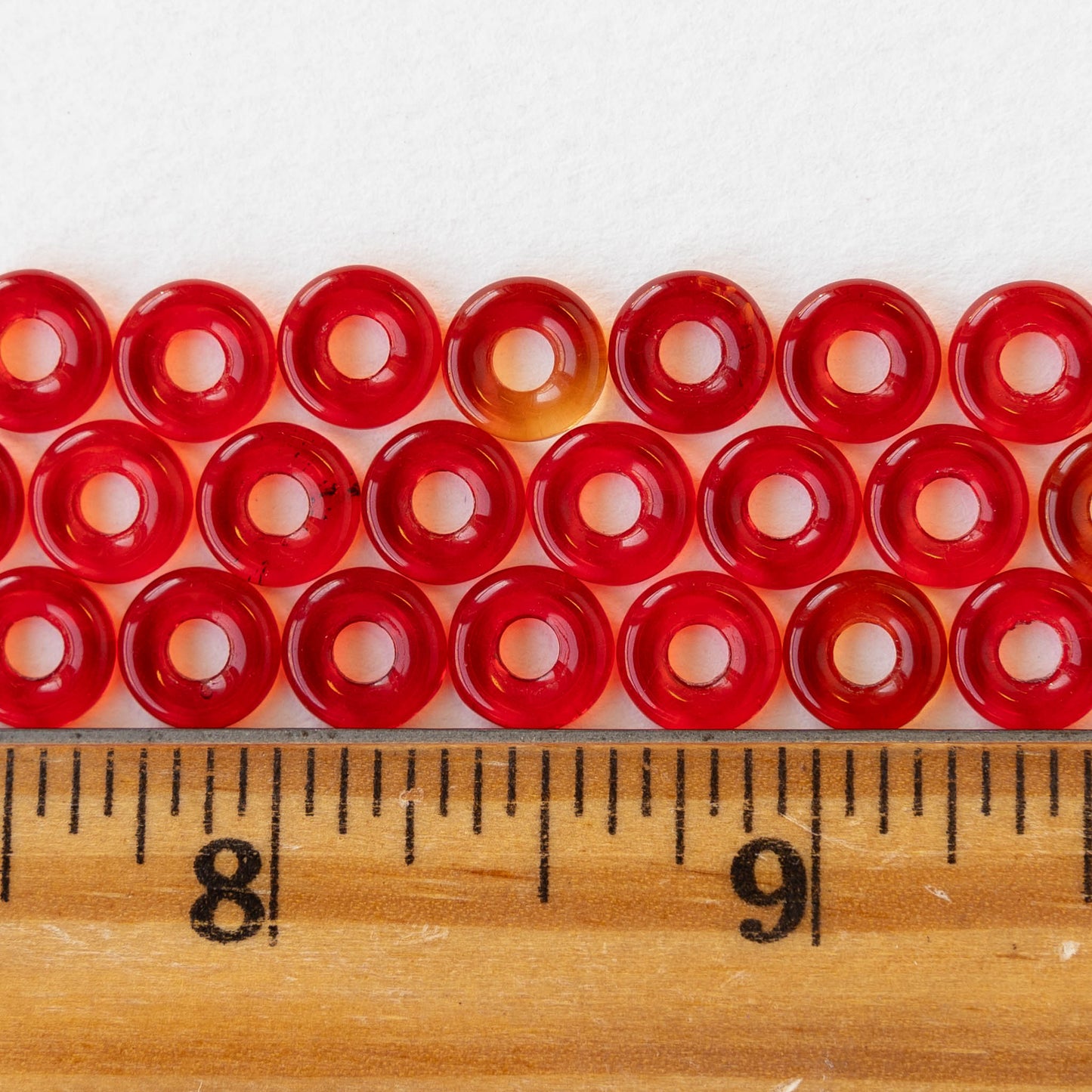 8mm Glass Ring Beads - Transparent Red - 50 or 100 Beads