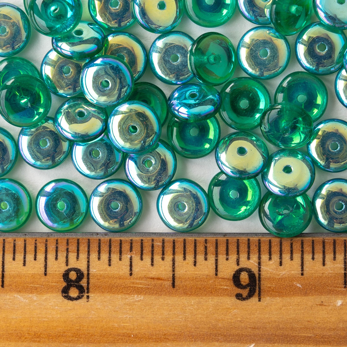 8mm Glass Rondelle Beads - Transparent Emerald AB - 30 Beads