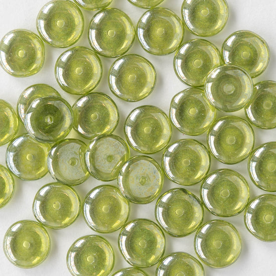 8mm Glass Rondelle Bead - Green SIlver Luster - 30 Beads