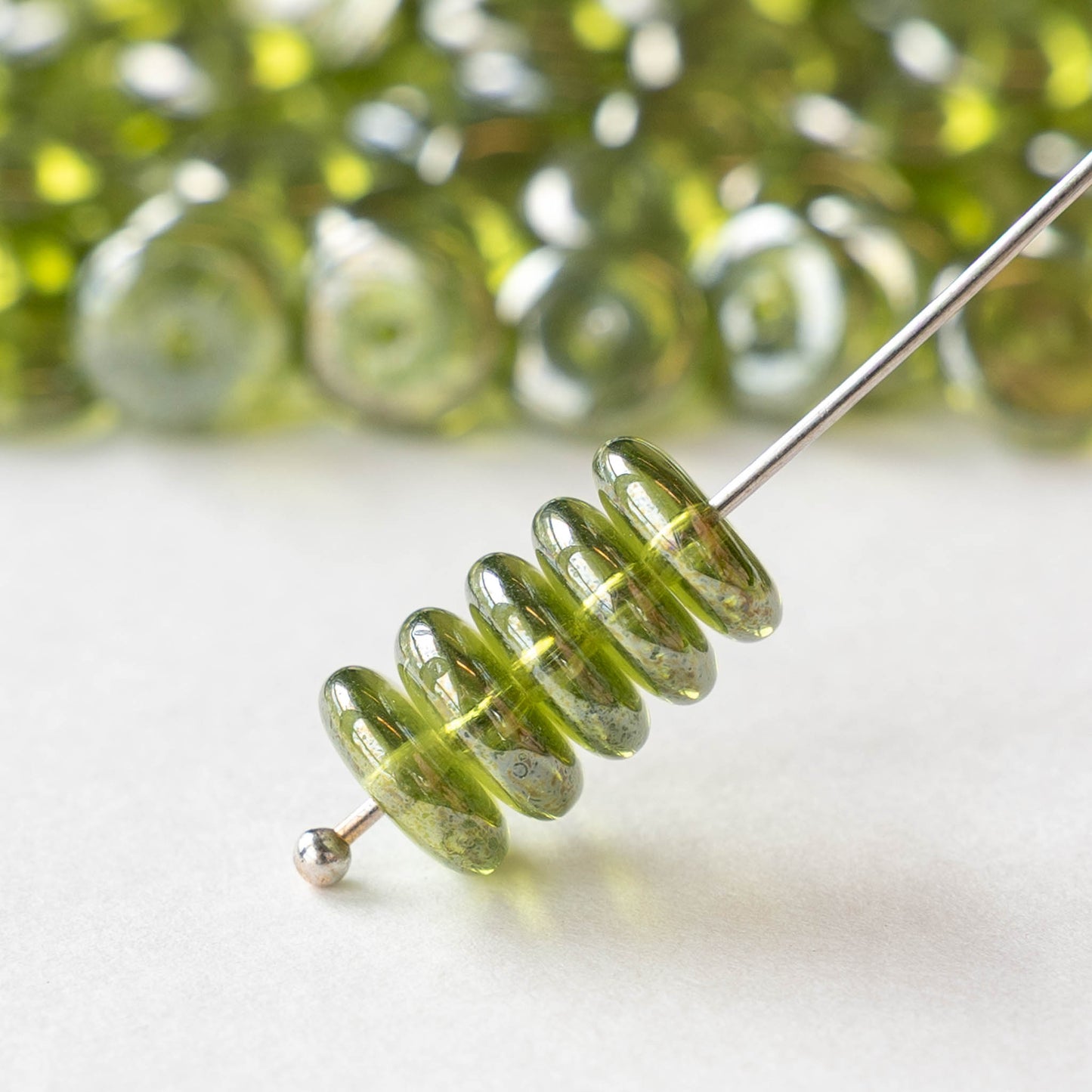 8mm Glass Rondelle Bead - Green SIlver Luster - 30 Beads