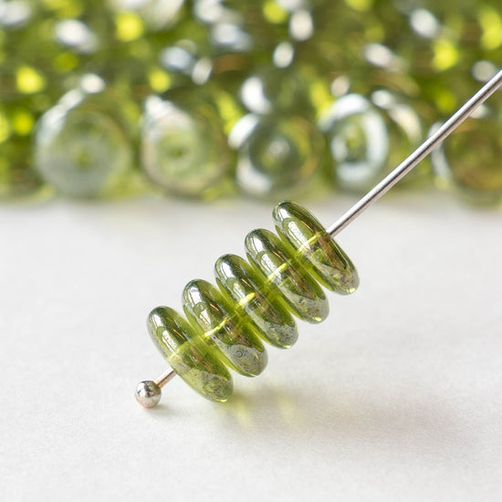 8mm Glass Rondelle Bead - Green SIlver Luster - 30 Beads