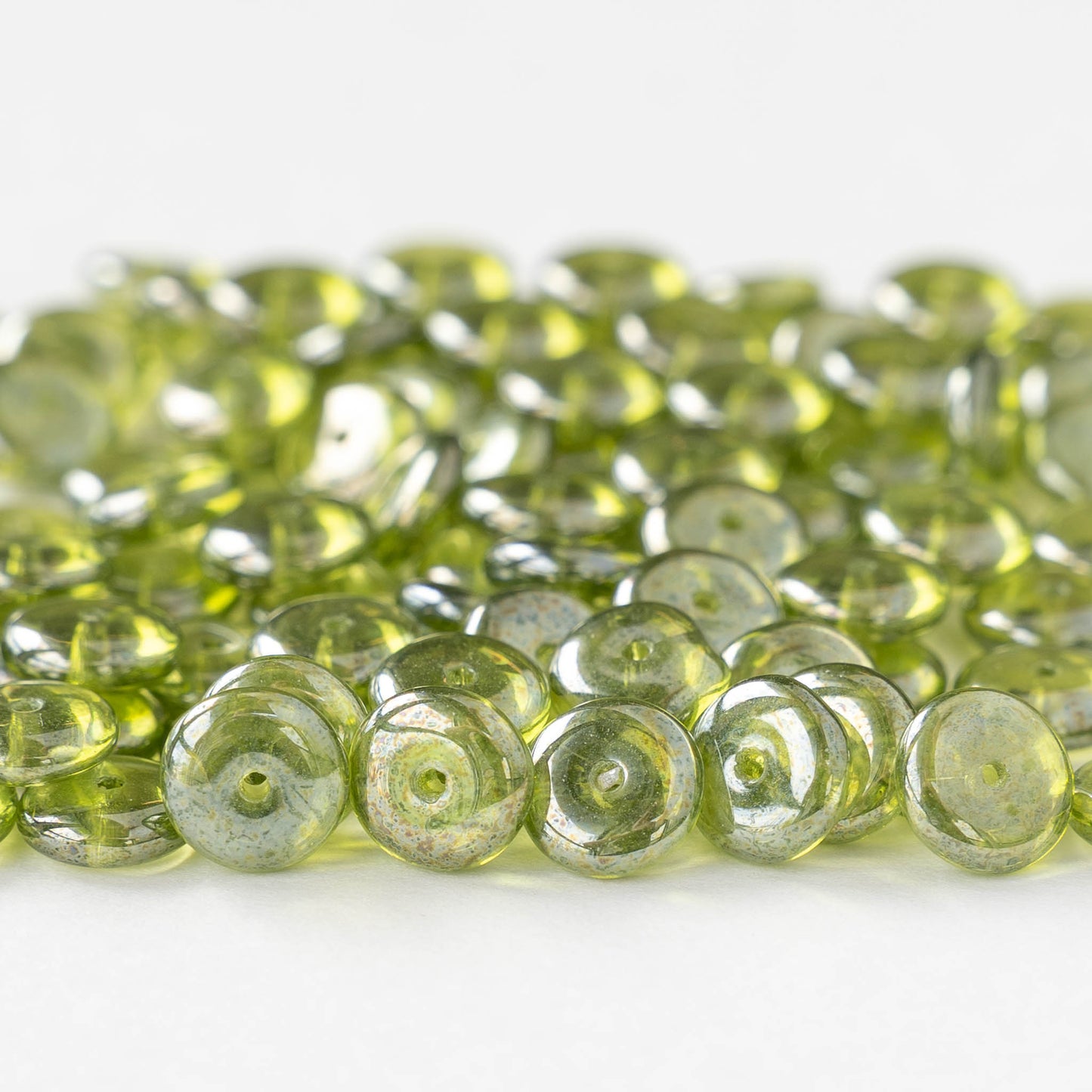 8mm Glass Rondelle Bead - Green SIlver Luster - 30 Beads