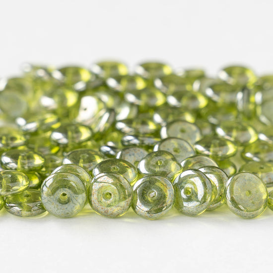 8mm Glass Rondelle Bead - Green SIlver Luster - 30 Beads