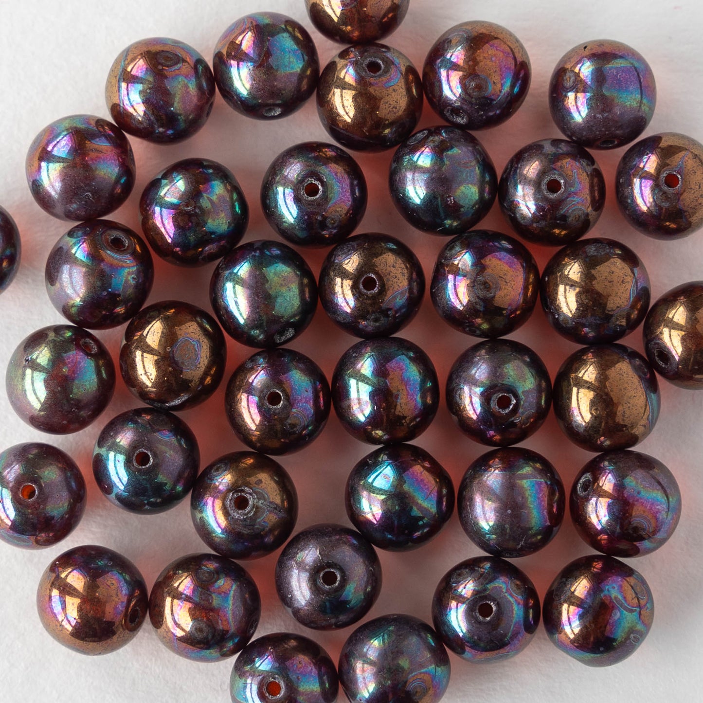 8mm Round Glass Beads - Oil Slick Red - 25 Beads