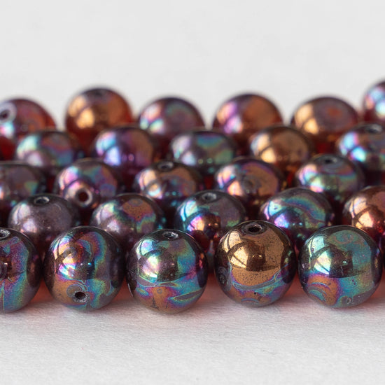 8mm Round Glass Beads - Oil Slick Red - 25 Beads