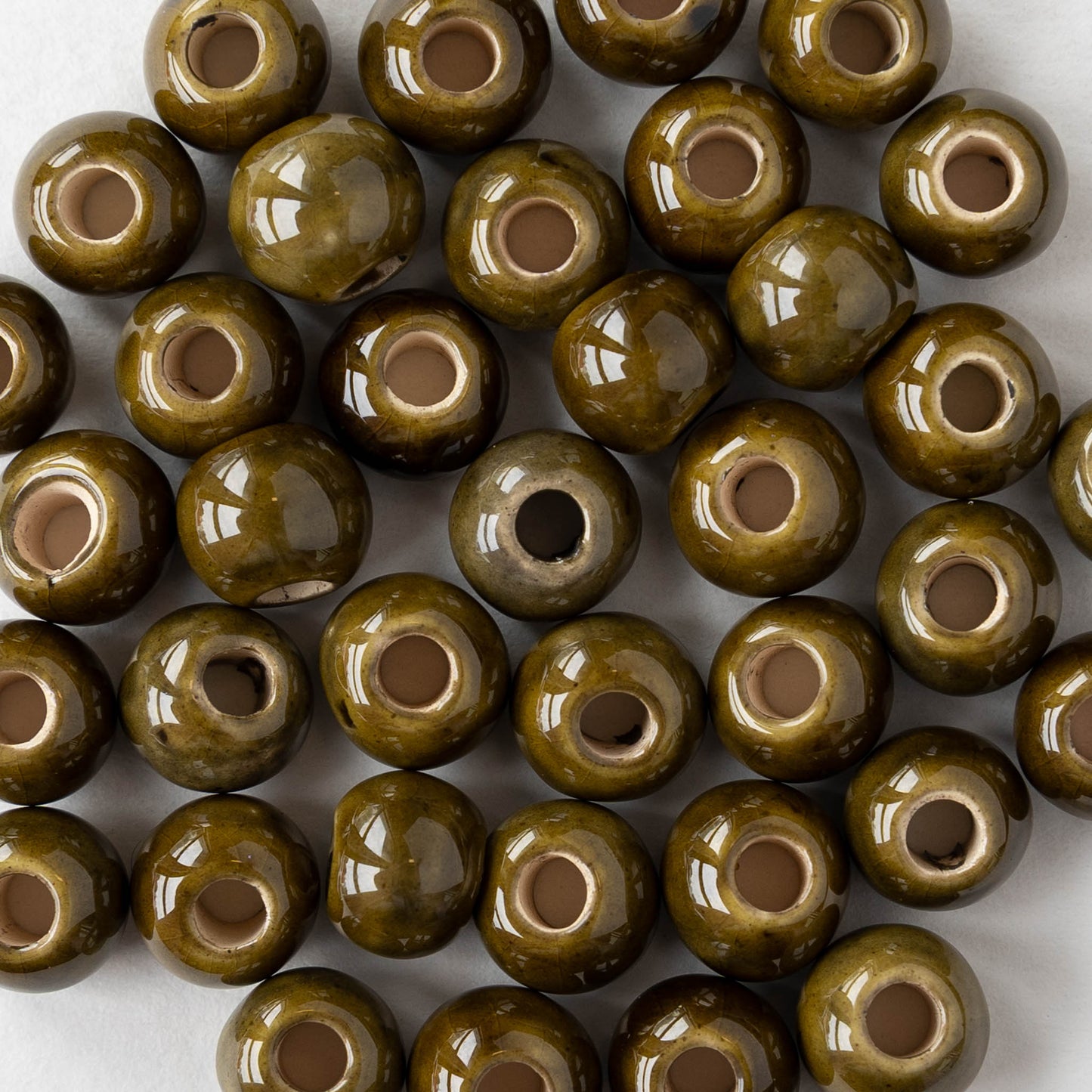 8mm Glazed Ceramic Round Beads - Olive - 10 or 30 beads
