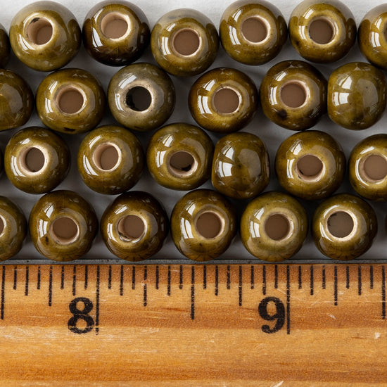 8mm Glazed Ceramic Round Beads - Olive - 10 or 30 beads