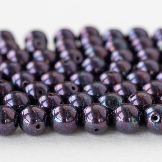 8mm Round Glass Beads - Opaque Dark Purple Oil Slick - 20 beads