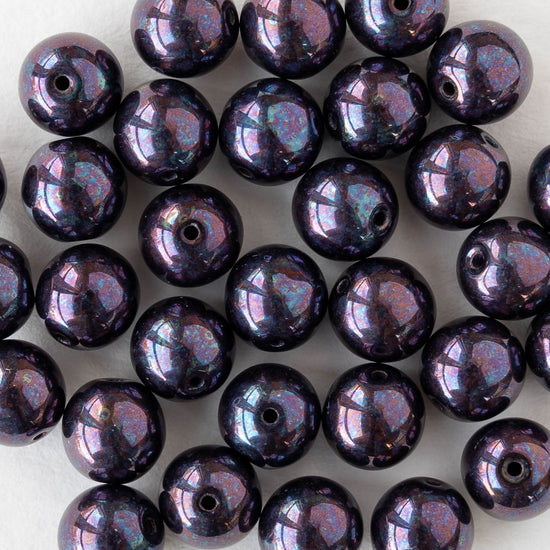 8mm Round Glass Beads - Opaque Dark Purple Oil Slick - 20 beads