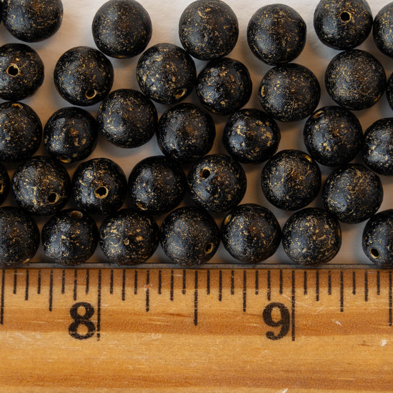 8mm Round Glass Beads - Opaque Etched Black with Gold - 20 beads