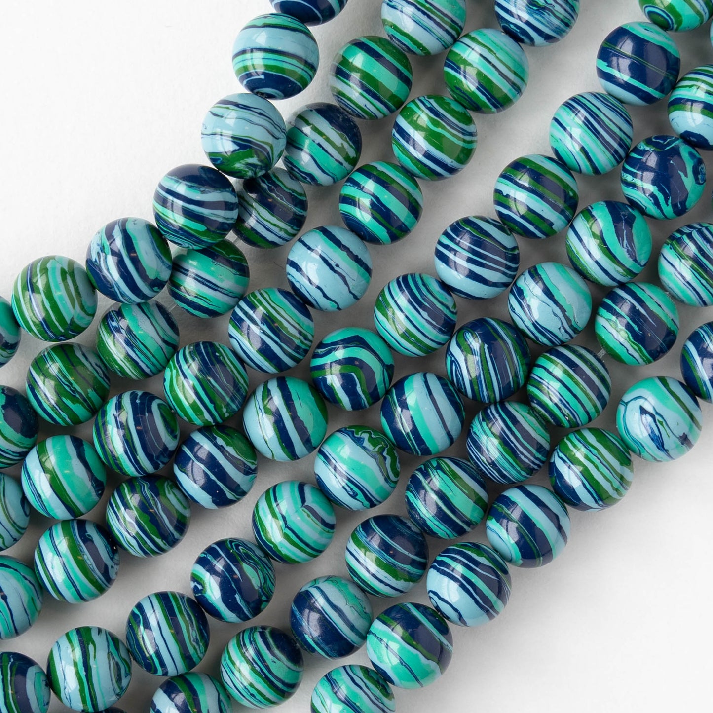 8mm Round Synthetic Malachite Beads - Blue Stripes - Whole or Half Strand