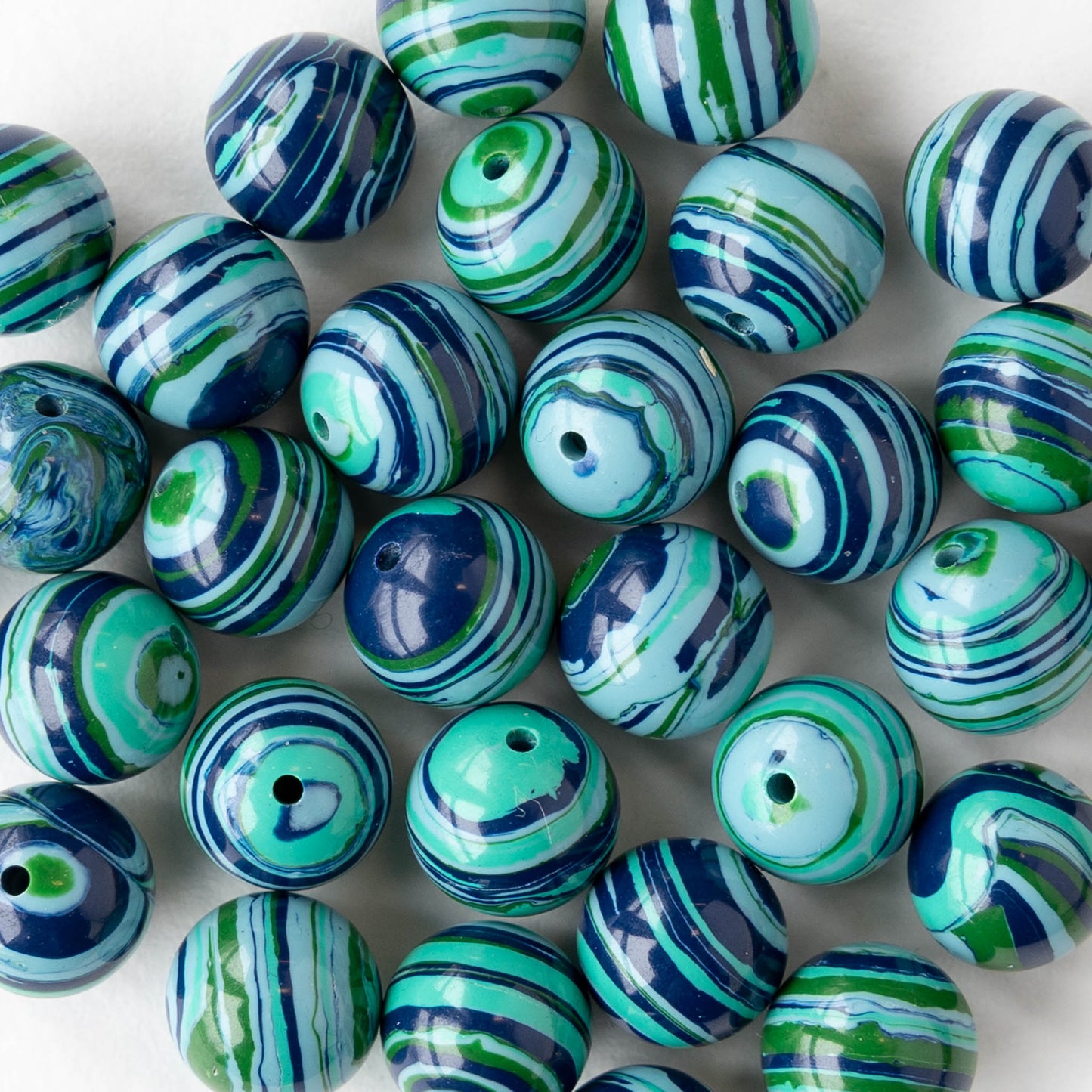 8mm Round Synthetic Malachite Beads - Blue Stripes - Whole or Half Strand