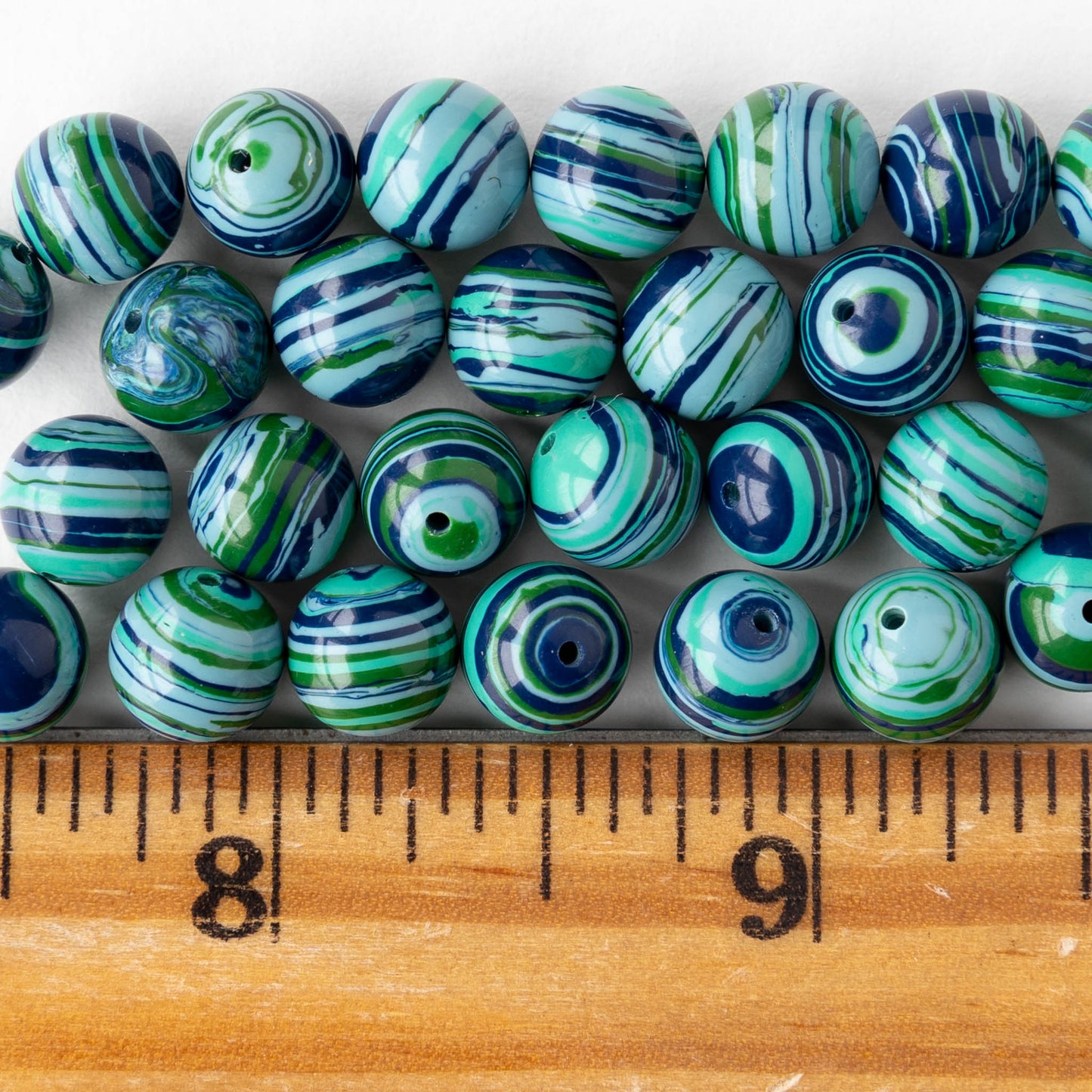 8mm Round Synthetic Malachite Beads - Blue Stripes - Whole or Half Strand