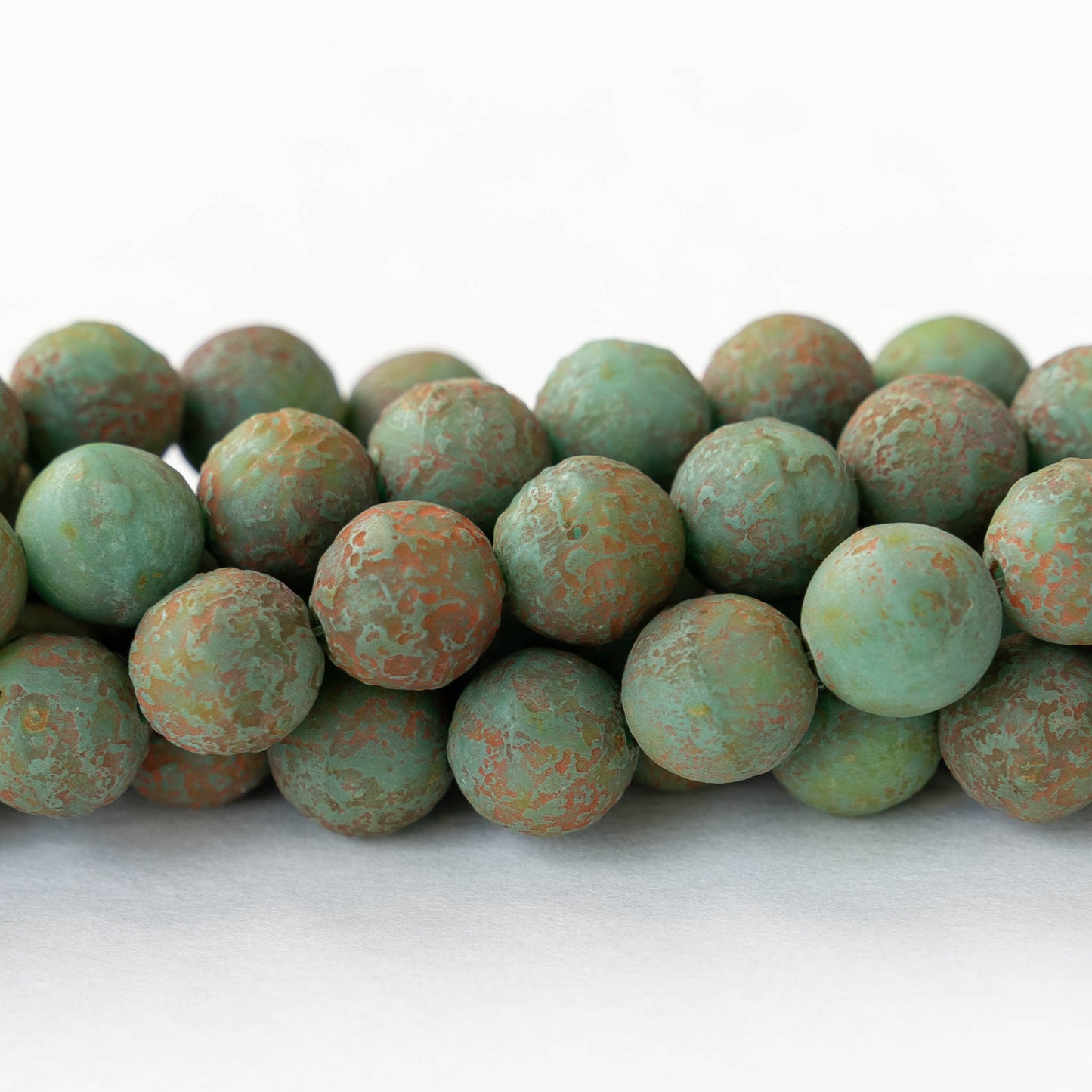 8mm Round Glass Beads - Etched Green Turquoise - 20 beads