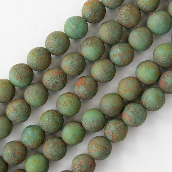 8mm Round Glass Beads - Etched Green Turquoise - 20 beads