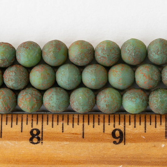 8mm Round Glass Beads - Etched Green Turquoise - 20 beads