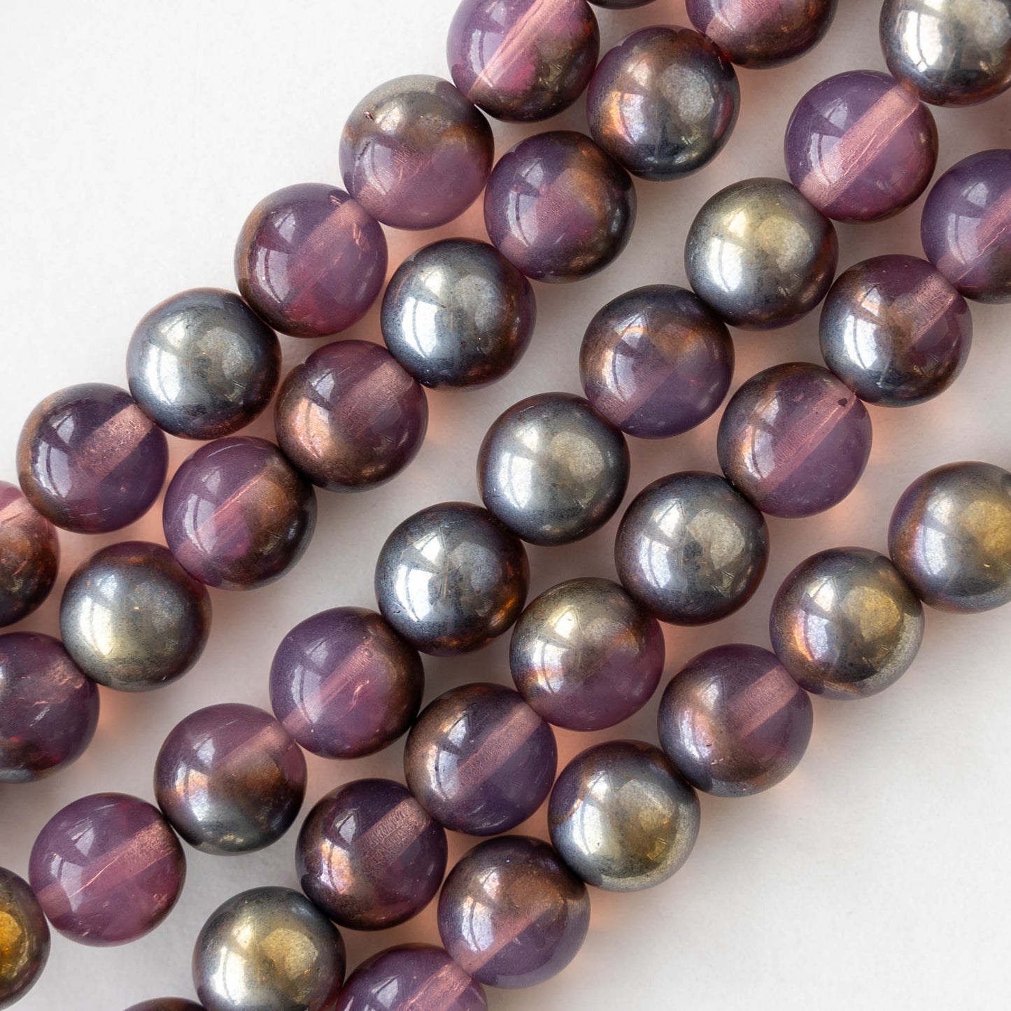 8mm Round Glass Beads - Mauve Silver Gold Metallic - 25 beads