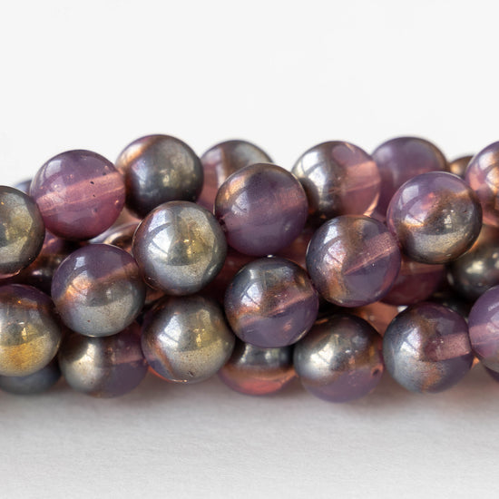 8mm Round Glass Beads - Mauve Silver Gold Metallic - 25 beads