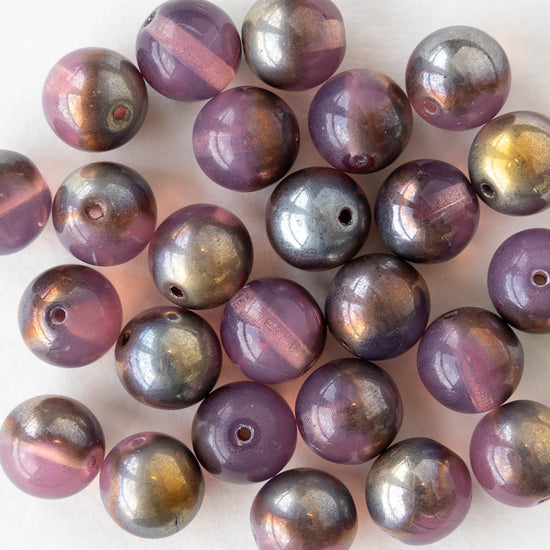 8mm Round Glass Beads - Mauve Silver Gold Metallic - 25 beads