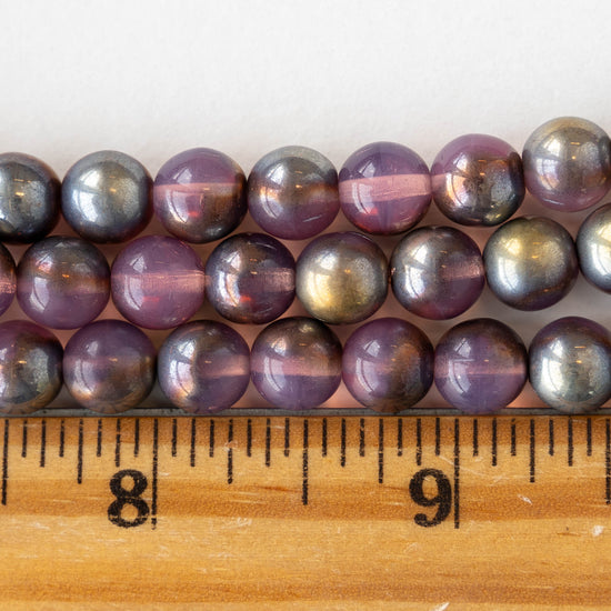 8mm Round Glass Beads - Mauve Silver Gold Metallic - 25 beads